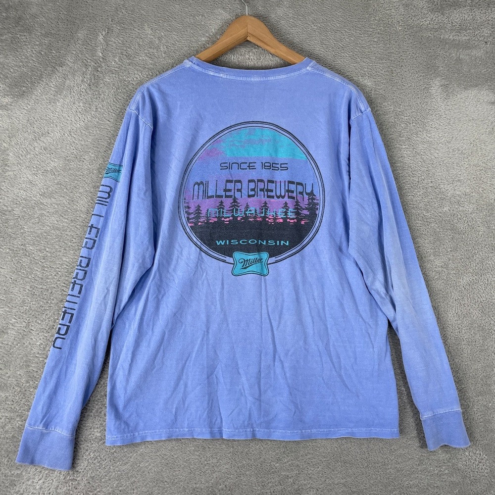 Miller Brewery Shirt Mens Medium Blue Milwaukee Wisconsin Sunset Beer Graphic